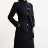 Tailored Wool Blend Asymmetric Button Neck Belted Midi Coat