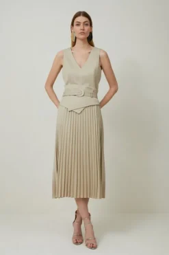 Tailored Wool Blend Belted Pleat Detail Midi Dress