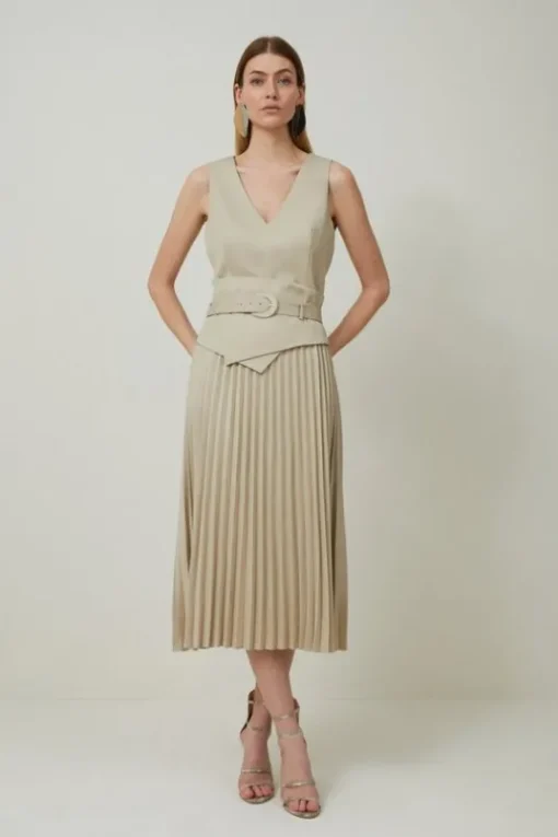 Tailored Wool Blend Belted Pleat Detail Midi Dress