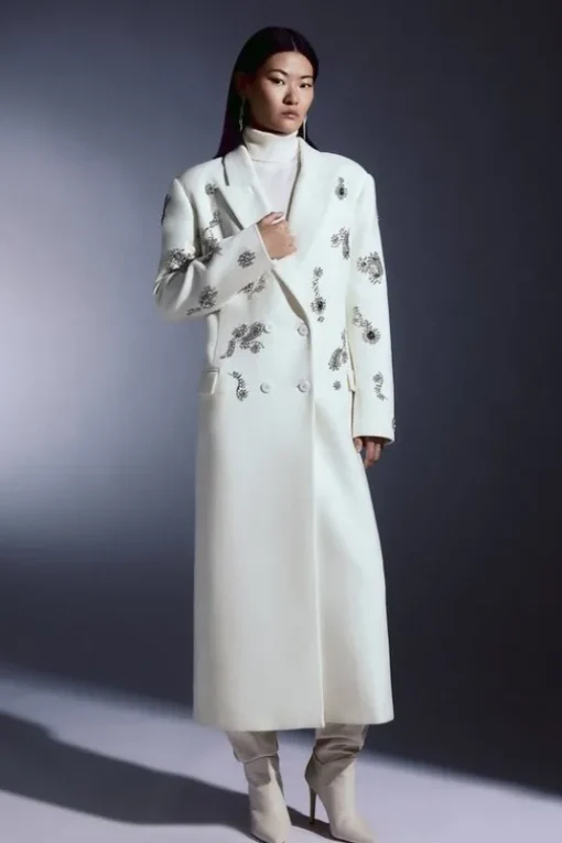 Tailored Wool Blend Embellished Maxi Coat