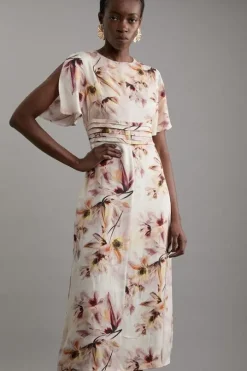 Tall Abstract Floral Satin Crepe Woven Midi Dress