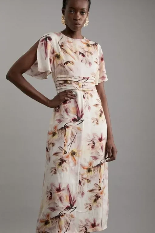 Tall Abstract Floral Satin Crepe Woven Midi Dress