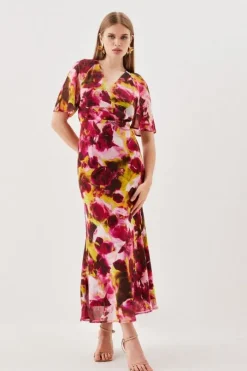 Tall Abstract Print Pleated Wide Sleeve Maxi Dress