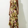 Tall Abstract Print Viscose Woven Halter Tie Maxi Dress