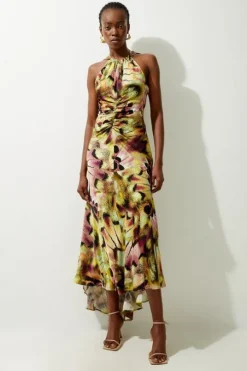 Tall Abstract Print Viscose Woven Halter Tie Maxi Dress