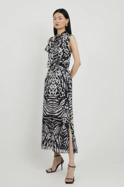 Tall Animal Print Georgette Woven Tie Neck Midi Dress