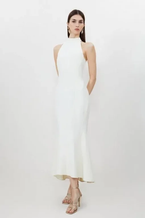 Tall Compact Stretch Waterfall Hem High Neck Midi Dress
