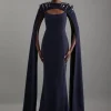 Tall Crystal Embellished Viscose Crepe Woven Maxi Dress With Detachable Cape