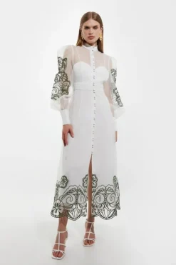 Tall Embroidered Floral Woven Button Up Maxi Dress