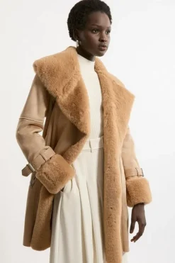 Tall Faux Shearling Collar & Cuff Belted Short Coat