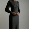 Tall Figure Form Bandage Knit Chiffon Sleeve Military Trim Midaxi Dress