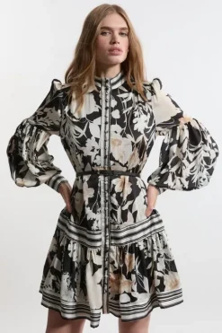 Tall Floral Pleated Belted Woven Mini Dress