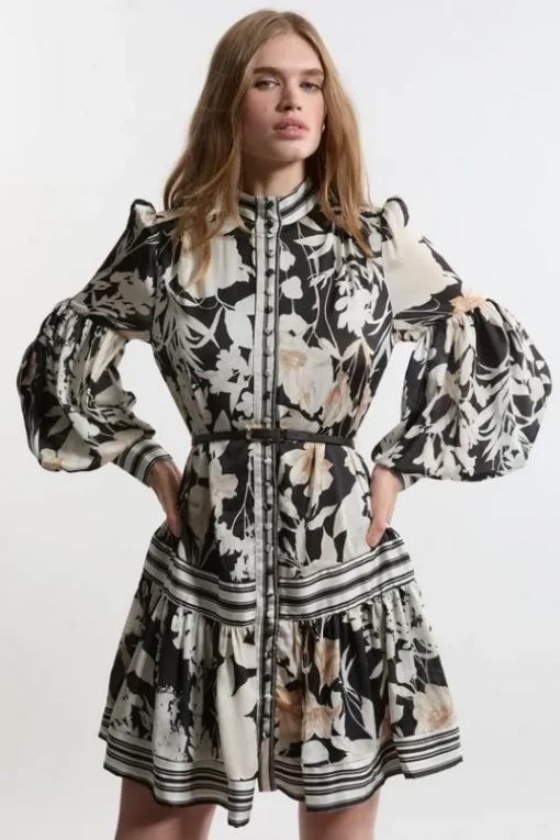 Tall Floral Pleated Belted Woven Mini Dress