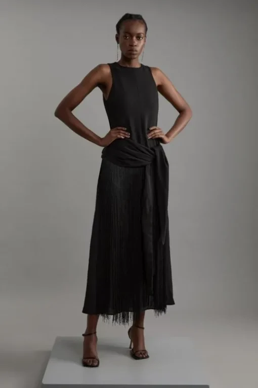 Tall Fringe Tassle Halter Neck Tailored Maxi Dress