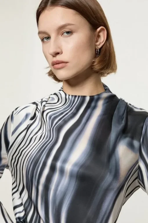 Tall Graduated Stripe Viscose Satin High Neck Blouse