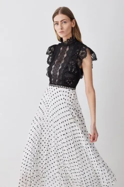 Tall Guipure Lace Dot Pleated Skirt Midi Dress