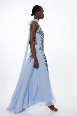 Tall Halter Neck Feather Sequin Detail Woven Maxi Dress