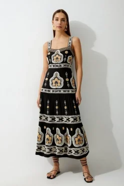 Tall Linen Embroidered Strappy Woven Maxi Dress