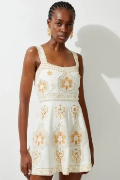 Tall Linen Embroidered Strappy Woven Mini Dress