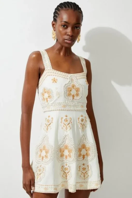 Tall Linen Embroidered Strappy Woven Mini Dress
