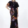 Tall Midnight Floral Satin Crepe Woven Angel Sleeve Maxi