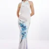 Tall Ooto Heavy Satin Draped Floral Woven Halter Maxi Dress