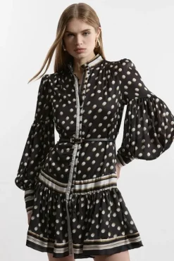 Tall Polka Dot Woven Balloon Sleeve Belted Mini Dress