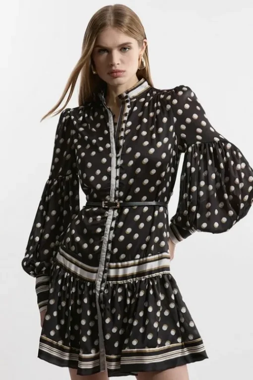 Tall Polka Dot Woven Balloon Sleeve Belted Mini Dress