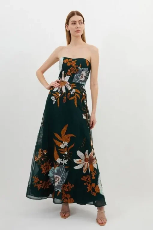 Tall Premium Embroidered Bandeau Beaded Organdie Woven Maxi Dress