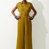 Tall Premium Linen Topstitch Belted Jumpsuit
