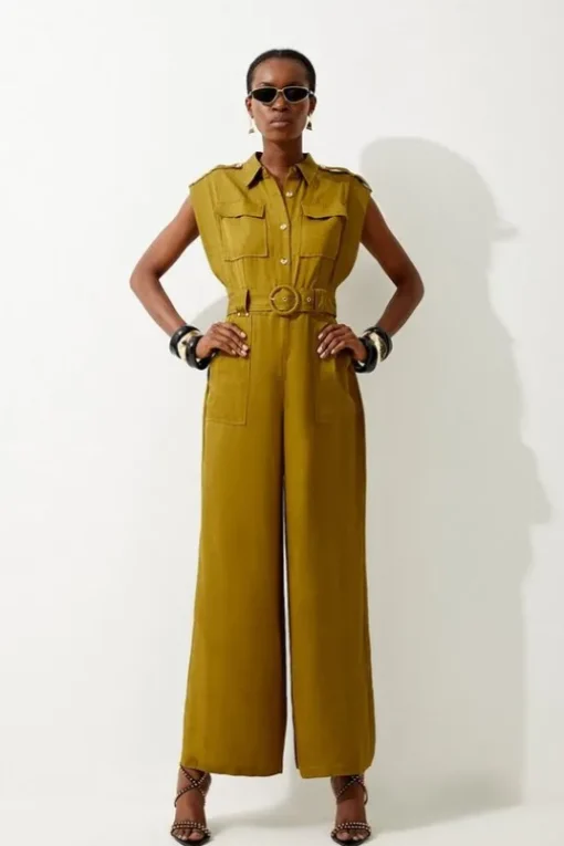 Tall Premium Linen Topstitch Belted Jumpsuit