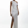 Tall Premium Metallic Ruched One Shoulder Maxi Dress