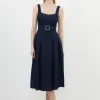 Tall Premium Tailored Linen Square Neck Belted Midi Dress