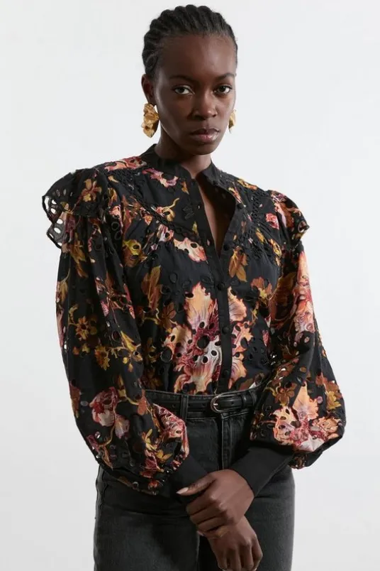 Tall Printed Eyelet Woven Blouse With Guipure Trim