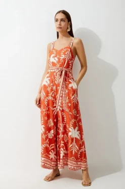Tall Printed Viscose Woven Tie Waist Wide Leg Jumpsuit