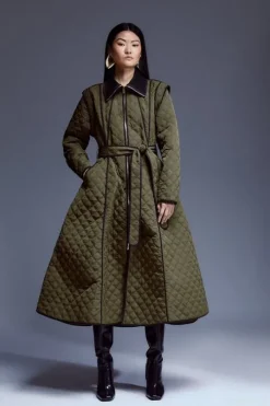 Tall Quilted Full Skirted Belted Midi Coat