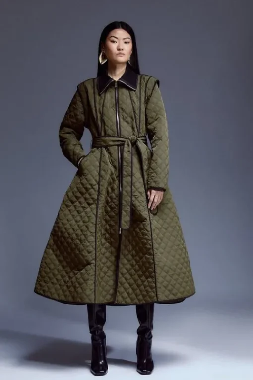 Tall Quilted Full Skirted Belted Midi Coat