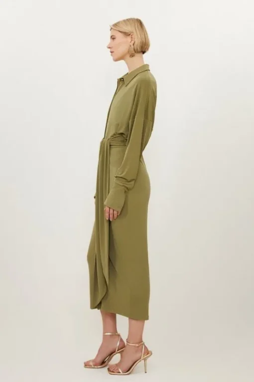 Tall Ruched Tie Waist Jersey Crepe Shirt Midi Dress
