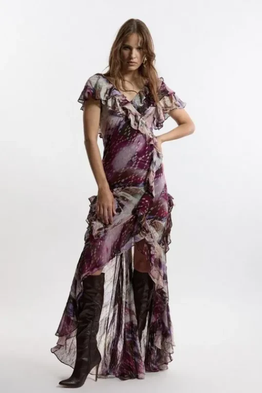 Tall Ruffle Detail Metallic Thread Maxi Dress