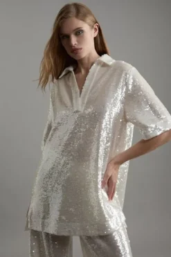 Tall Sequin Collard Woven Tunic Co-Ord