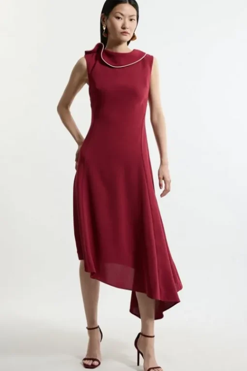 Tall Soft Tailored Tipped Fluid Asymmetric Hem Midi Dress
