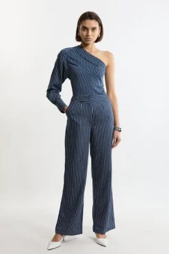Tall Striped Twill Wide Leg Woven Pants