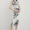 Tall Tailored Crepe Mono Floral Bow Detail Midi Dress