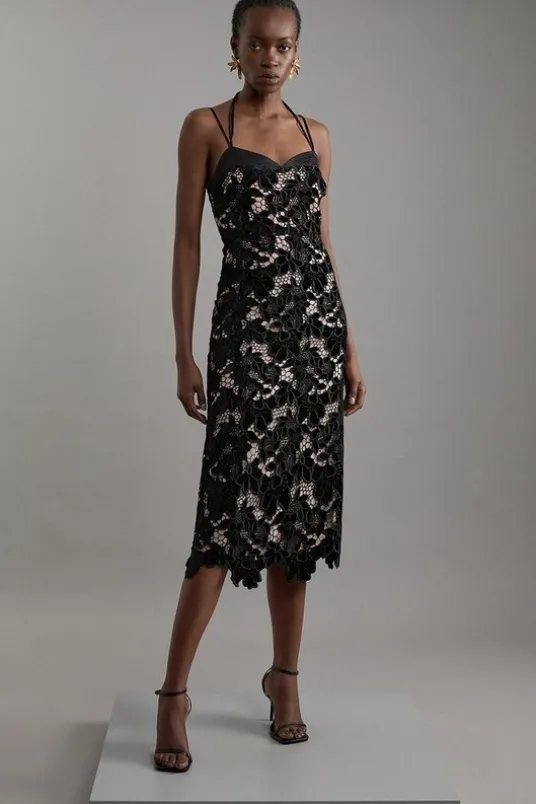 Tall Velvet Cutwork Lace Detail Strappy Midi Dress