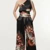 Tall Viscose Satin Printed Wide Leg Woven Pants