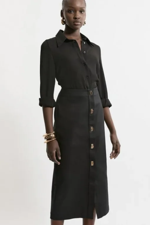 Techno Cotton Woven Hardwear Detail Midi Skirt