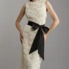 Textured Rosette Bow Belted Pencil Dress