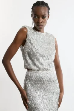 Textured Strong Shoulder Sequin Woven Top