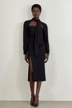 The Founder Compact Stretch Tailored Tie Neck Pencil Midi Dress