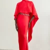 The Founder Crystal Embellished Satin Cape Detail Maxi Dress